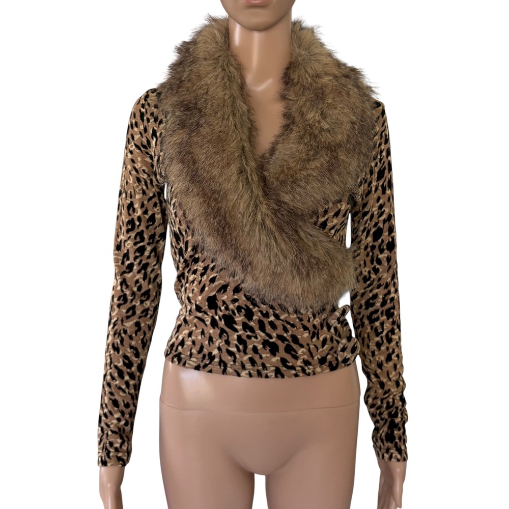 Leopard Print Long Sleeve Top Faux Fur Collar Metallic Knit Sweater Y2K Mob Wife